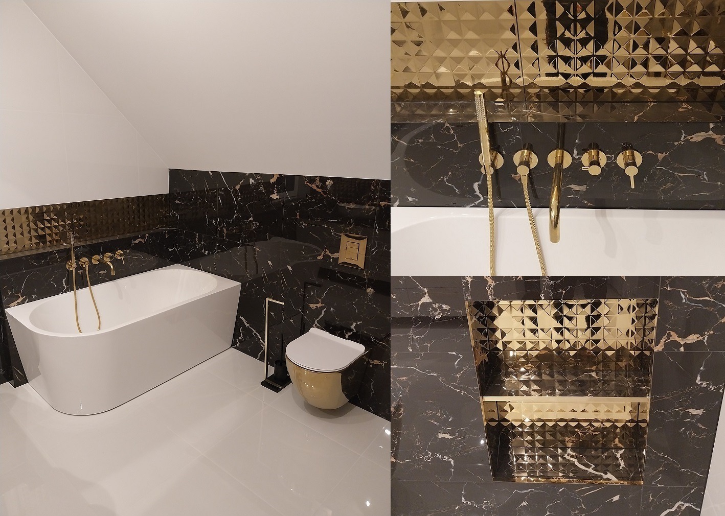 Nowoczesna łazienka w Trzcińsko-Zdrój z czarnymi marmurowymi płytkami, złotymi akcentami i wolnostojącą białą wanną, prezentująca eleganckie wykończenie wnętrza.