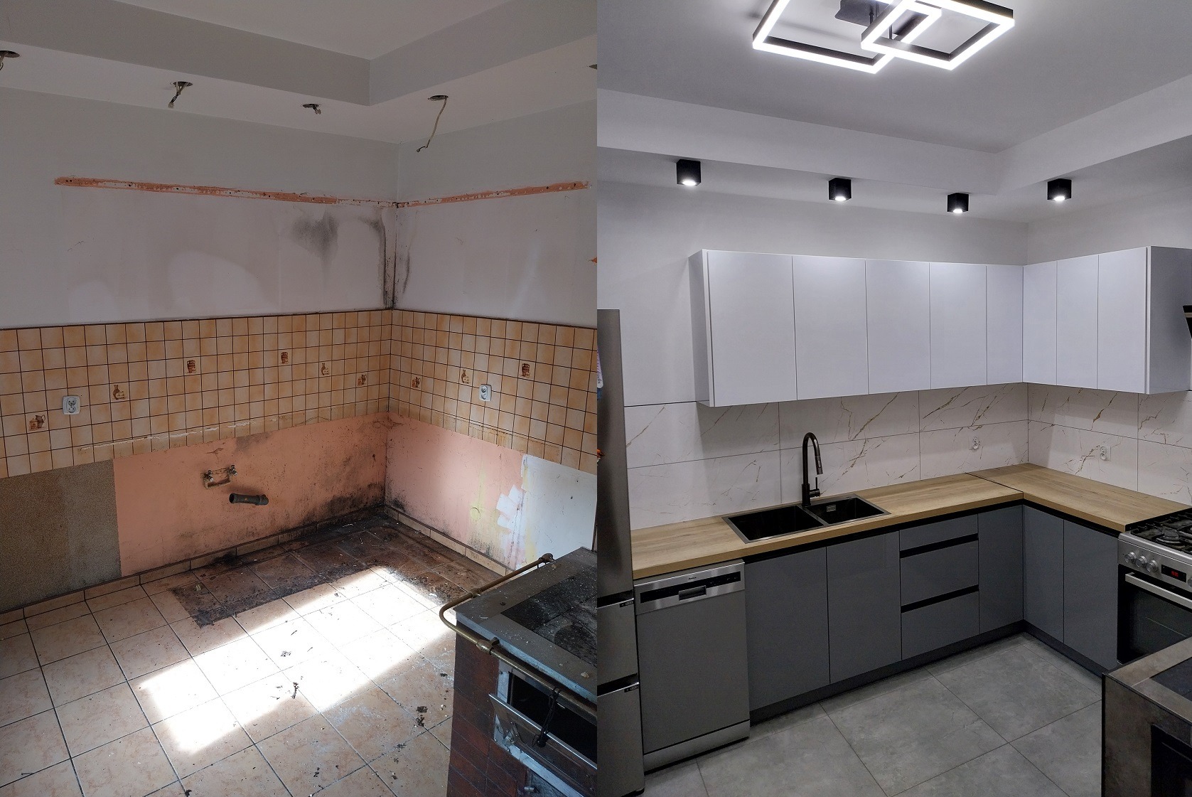 Kuchenne wnętrze przed i po remoncie: po lewej stara, zniszczona kuchnia z brudnymi kafelkami i odpadającym tynkiem, po prawej nowoczesna, jasna kuchnia z szarymi szafkami, drewnianym blatem...