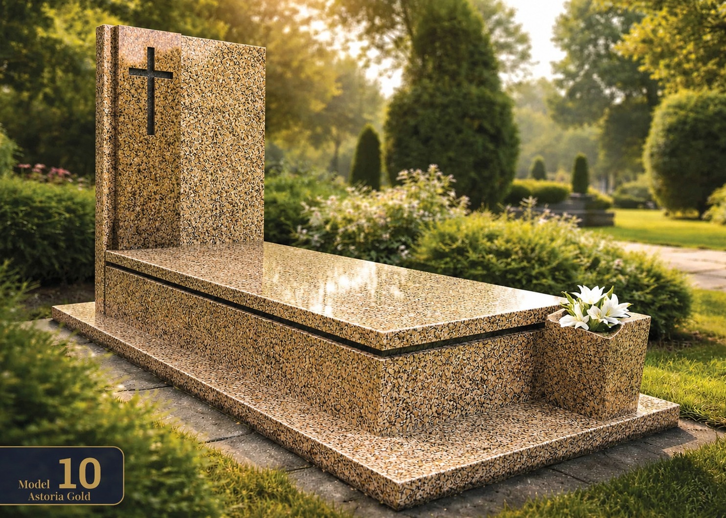 Elegancki pomnik nagrobny z polerowanego granitu Astoria Gold, z wyrytym czarnym krzyżem i zintegrowaną donicą, w słonecznym, zielonym otoczeniu cmentarza.