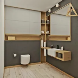 Nowoczesna łazienka z drewnianymi akcentami: wisząca toaleta, umywalka nablatowa z czarną armaturą i lustro z trójkątną lampą dekoracyjną.