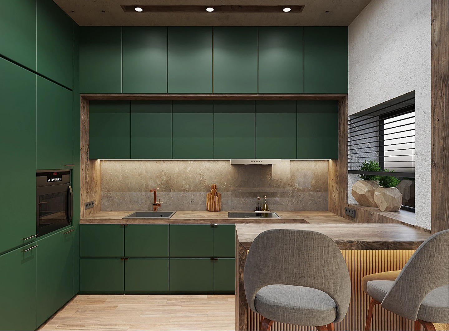 Nowoczesna kuchnia z zielonymi szafkami, drewnianym blatem i miedzianą armaturą, oświetlona listwą LED pod szafkami wiszącymi, z dwoma krzesłami barowymi w tle.