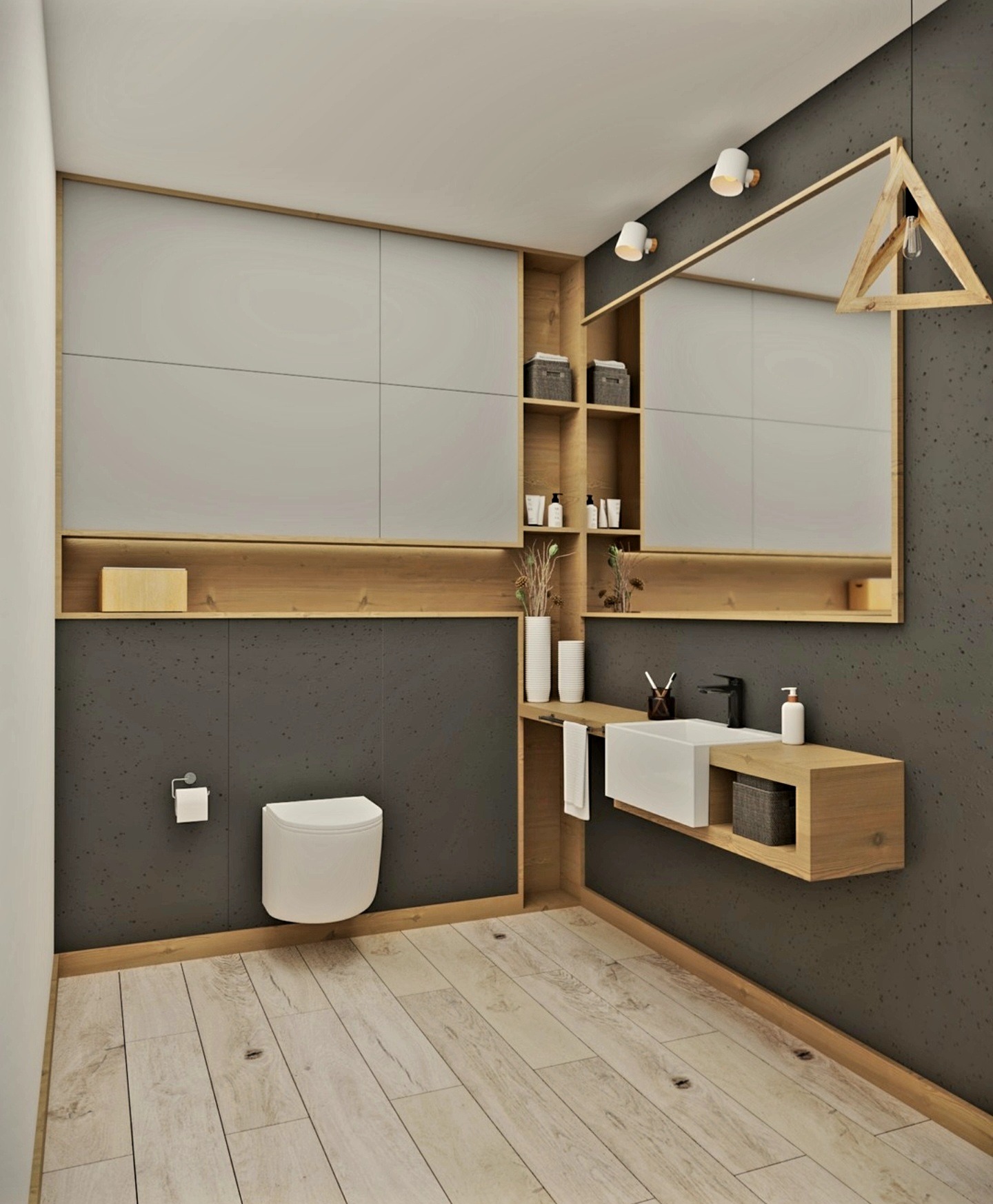 Nowoczesna łazienka z drewnianymi akcentami: wisząca toaleta, umywalka nablatowa z czarną armaturą i lustro z trójkątną lampą dekoracyjną.