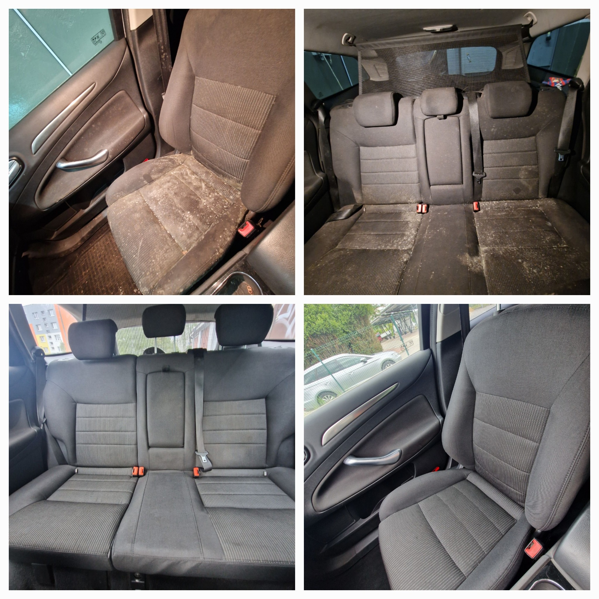 Cztery kadry przedstawiające wnętrze samochodu przed i po czyszczeniu tapicerki. Widoczne różnice w czystości foteli i kanapy.