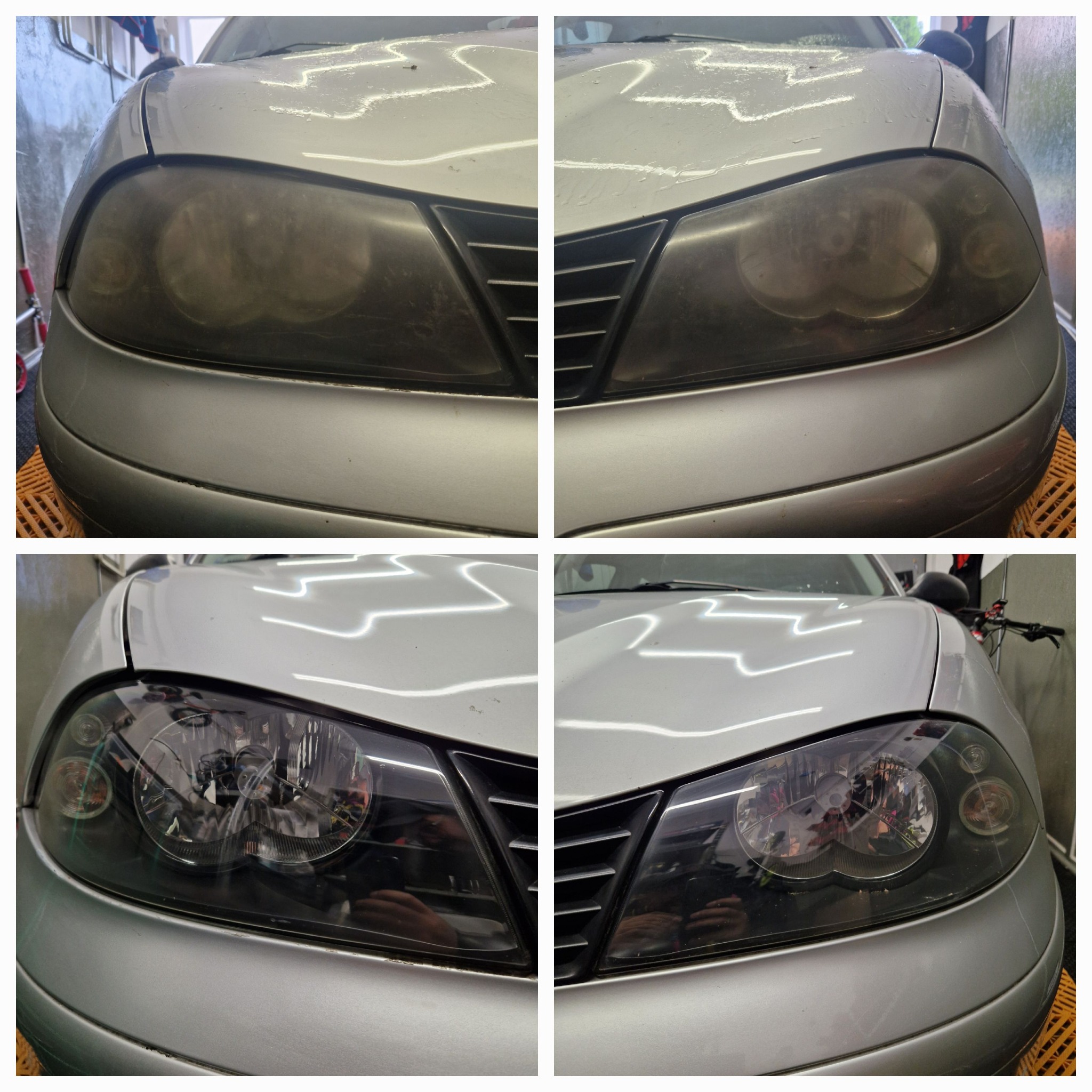 Reflektory samochodu przed i po czyszczeniu, widoczna wyraźna różnica w przejrzystości kloszy.