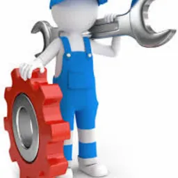 Animowana postać w niebieskim kombinezonie trzymająca czerwone koło zębate i klucz francuski na białym tle.