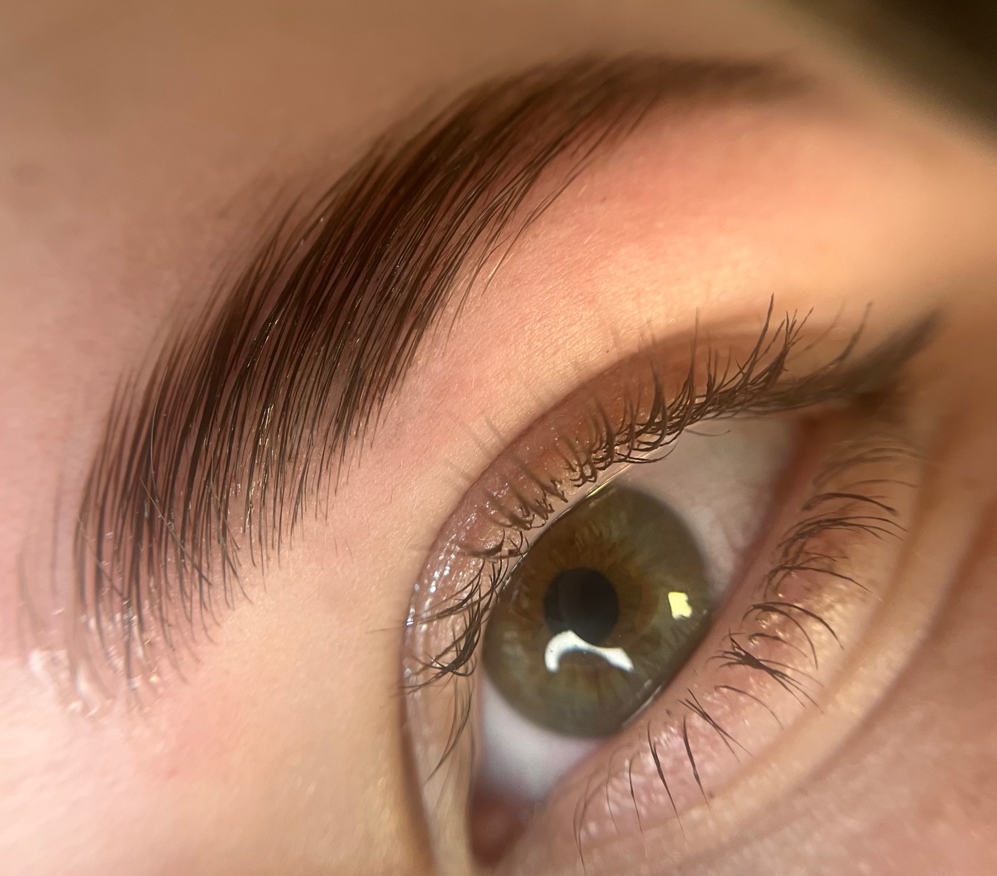 Zbliżenie na oko z widocznymi, wystylizowanymi brwiami po zabiegu laminacji, uwydatniającym ich kształt i połysk, oraz delikatnie podkreślonymi rzęsami.