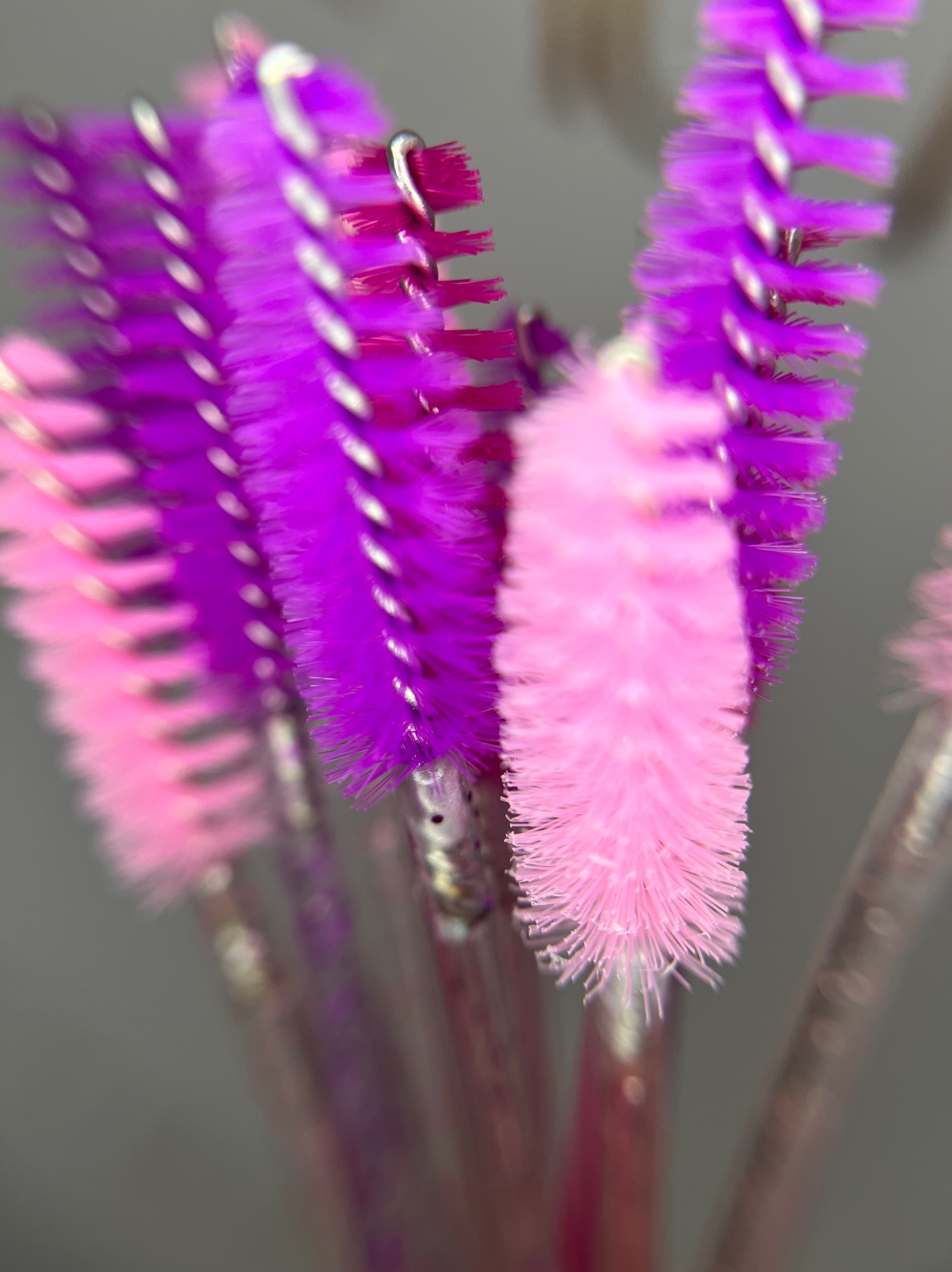 Zbliżenie na pędzelki do rzęs w odcieniach różu i fioletu, ustawione w grupie, z metalowymi uchwytami, na rozmytym szarym tle.