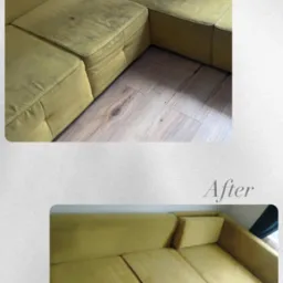 Żółta narożna kanapa: widok przed i po czyszczeniu, z wyraźną różnicą w plamach i zabrudzeniach na siedziskach.