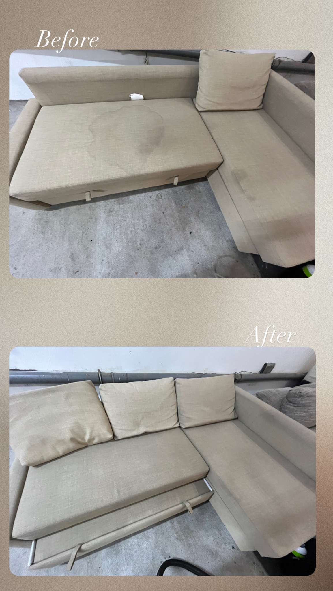 Zdjęcie przedstawia narożnik z jasną tapicerką przed i po czyszczeniu. Na górnym ujęciu widoczna duża plama na siedzisku. Dolne ujęcie pokazuje ten sam narożnik po wyczyszczeniu, bez plam i...