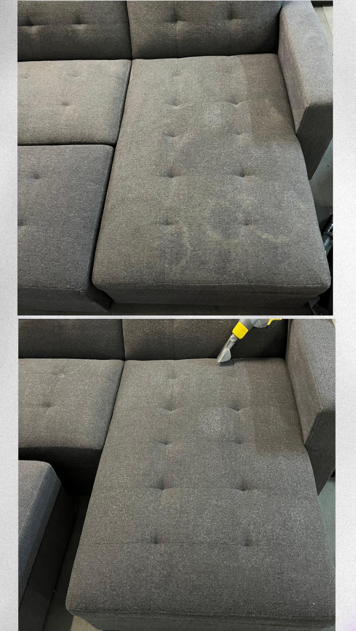 Dwuczęściowe ujęcie szarej, narożnej sofy z guzikami: górne pokazuje zabrudzenia przed czyszczeniem, dolne prezentuje proces czyszczenia z użyciem żółto-szarego ekstraktora.