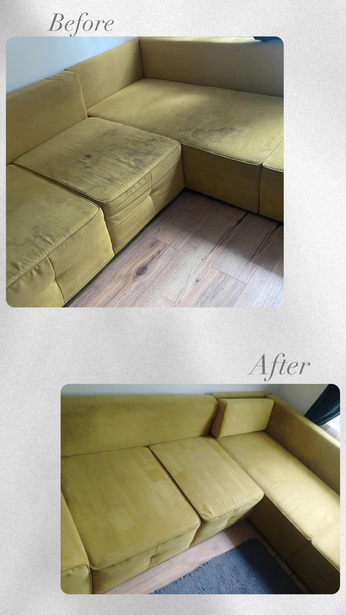 Żółta narożna kanapa: widok przed i po czyszczeniu, z wyraźną różnicą w plamach i zabrudzeniach na siedziskach.