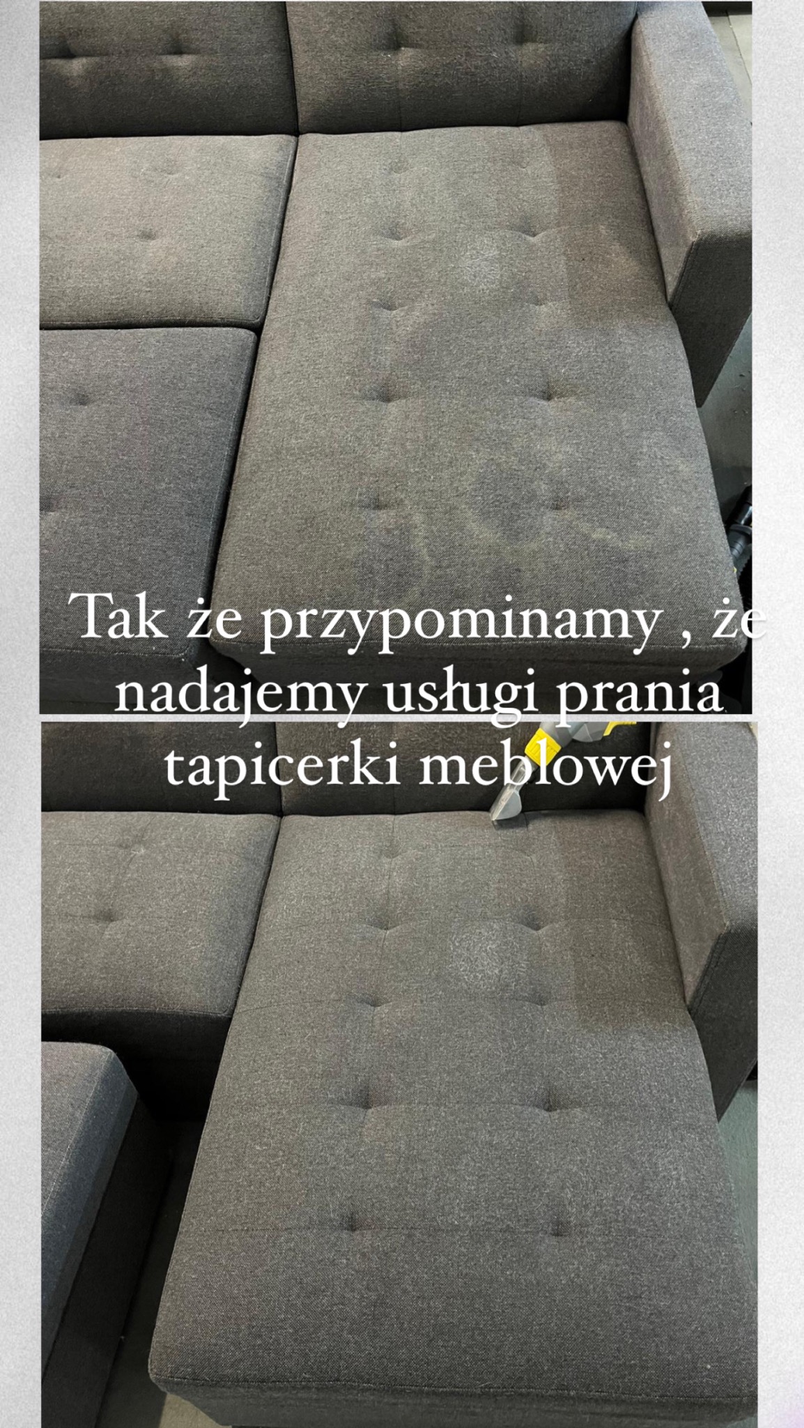 Szara, modułowa sofa z guzikami, widoczna różnica w czystości tapicerki po częściowym czyszczeniu.