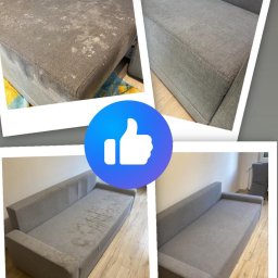 Harmonia Cleaning Service Ivan Harmashev - Kolaż przedstawiający szarą kanapę przed i po czyszczeniu tapicerki, z wyraźną różnicą w wyglądzie materiału.