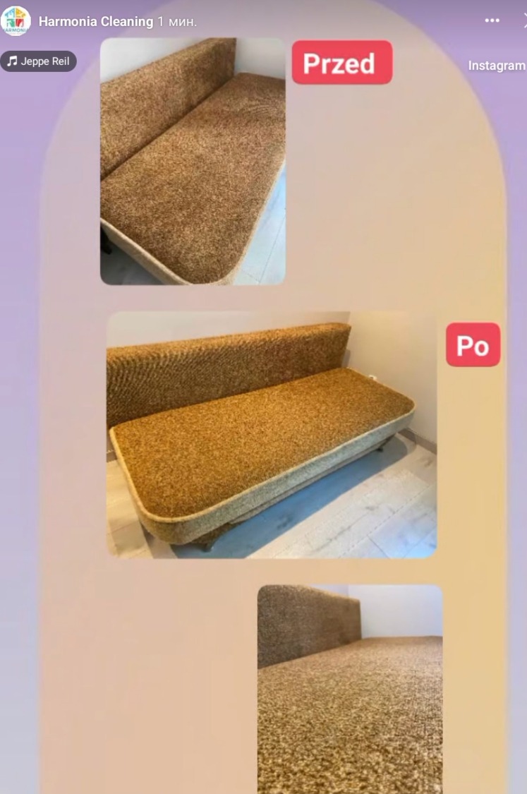 Kolaż przedstawiający kanapę przed i po czyszczeniu, ukazujący różnicę w kolorze i wyglądzie materiału.