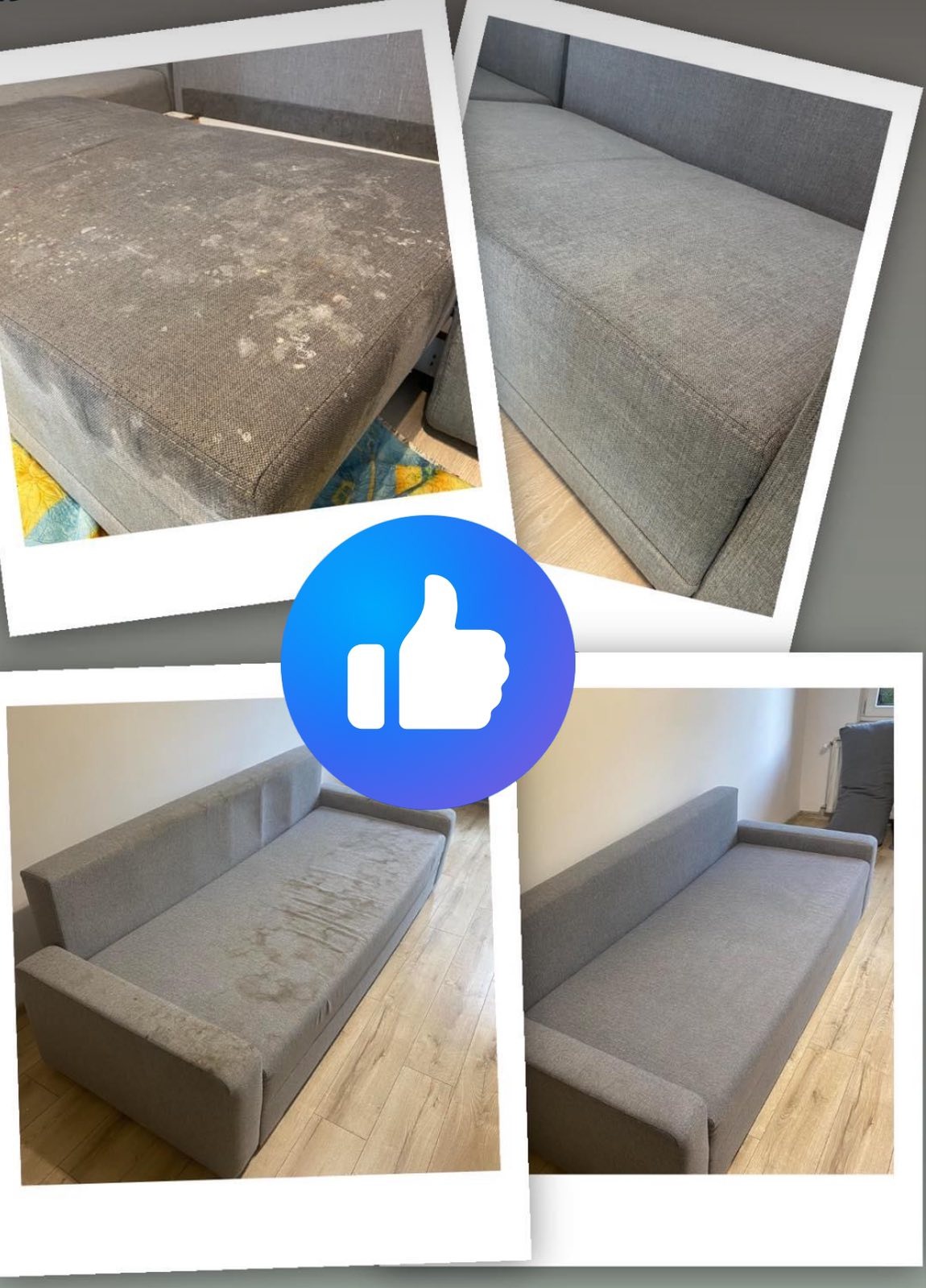 Kolaż przedstawiający szarą kanapę przed i po czyszczeniu tapicerki, z wyraźną różnicą w wyglądzie materiału.