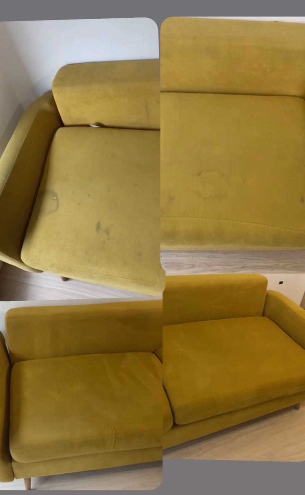 Żółta, welurowa kanapa przed i po czyszczeniu, widoczne plamy usunięte z siedziska i oparcia.