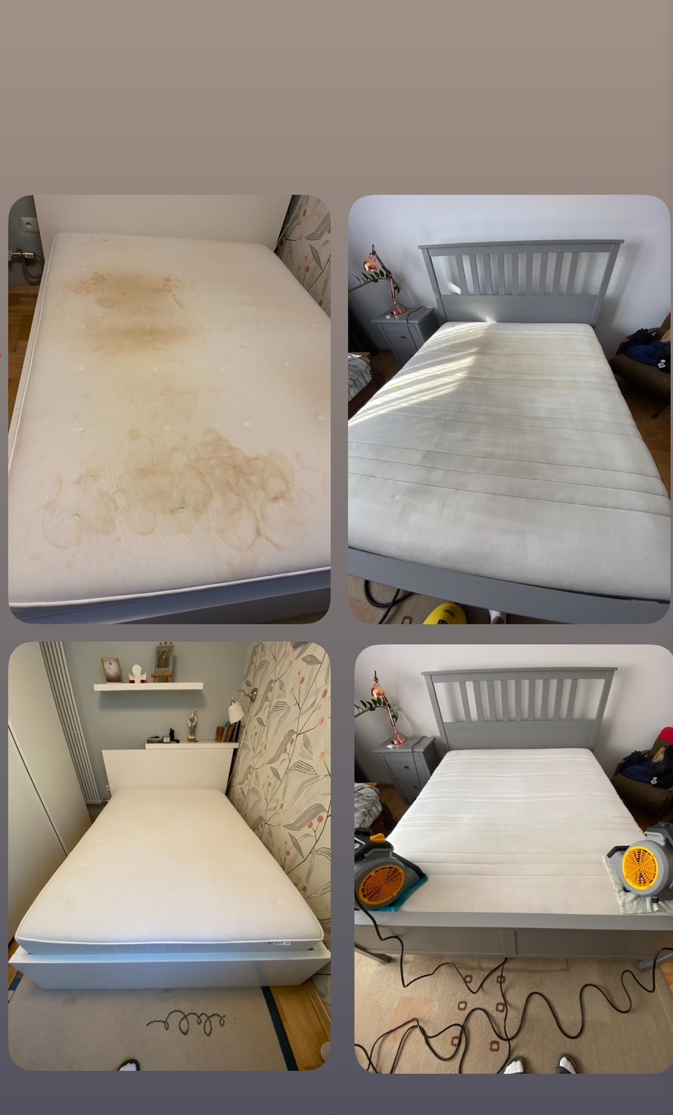 Kolaż przedstawiający materac przed i po czyszczeniu, z widocznymi plamami na górnym lewym zdjęciu i czystym materacem na pozostałych ujęciach. Na dolnym prawym zdjęciu widoczne urządzenie...