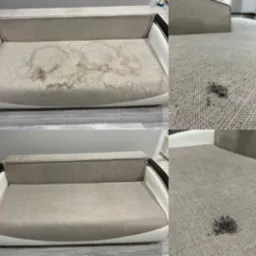 Beżowa kanapa z jasnymi bokami, widoczne plamy przed czyszczeniem i efekt po czyszczeniu, z bliska pokazane zebrane zanieczyszczenia.