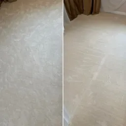 Porównanie jasnobeżowego dywanu przed i po czyszczeniu, widoczna różnica w odświeżeniu włókien i usunięciu plam.