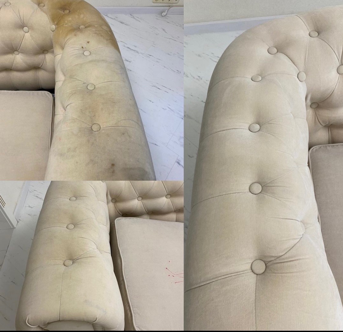 Kadr przedstawia fragment beżowej sofy z guzikami, ukazujący różnicę w wyglądzie przed i po czyszczeniu. Po lewej stronie widoczne są wyraźne zabrudzenia i plamy, podczas gdy po prawej stronie sofa...