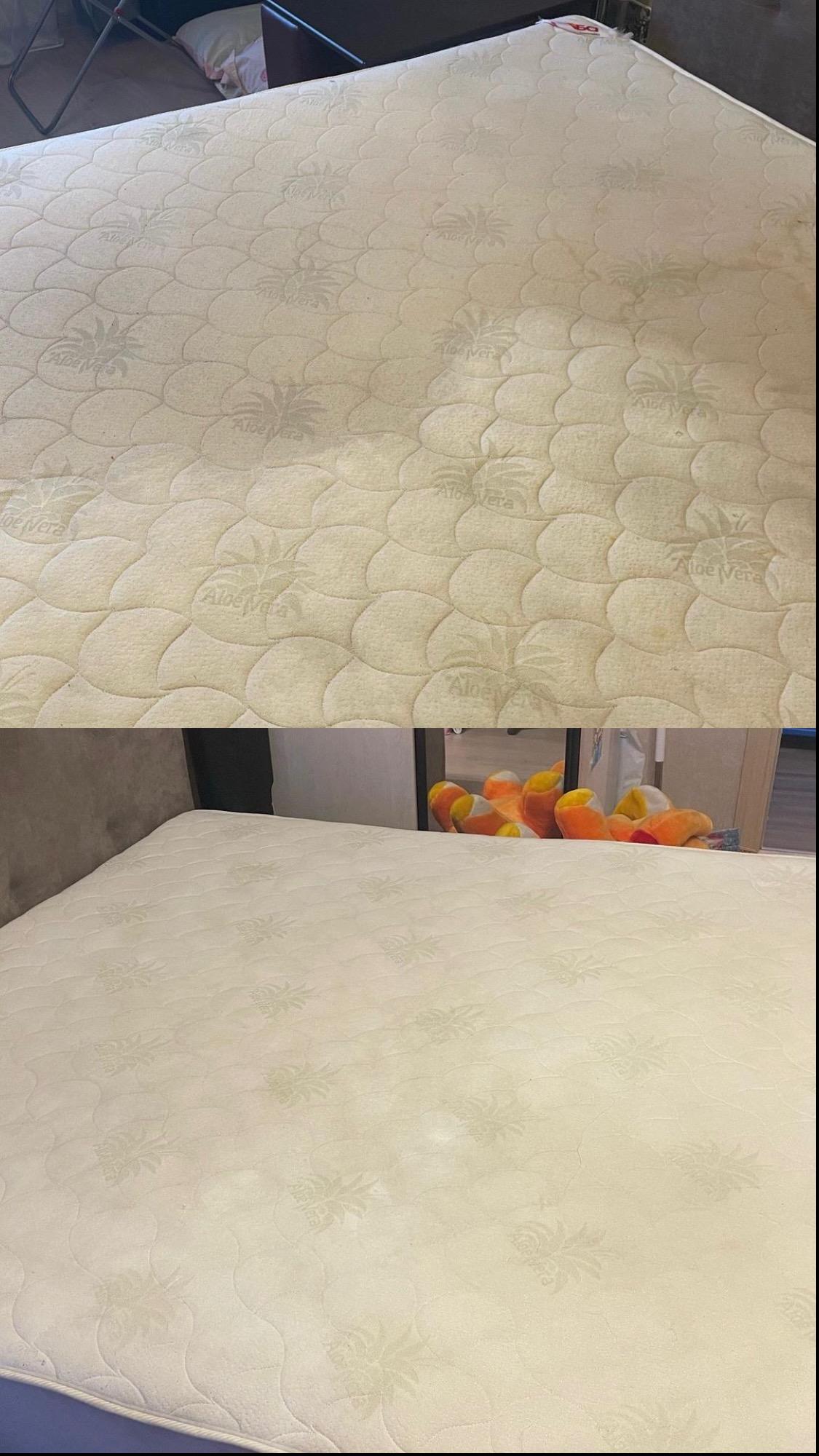 Dwuetapowe ujęcie materaca: górna część pokazuje widoczne plamy przed czyszczeniem, a dolna część prezentuje materac po zabiegu, z lekkim odbiciem pluszaków w tle.