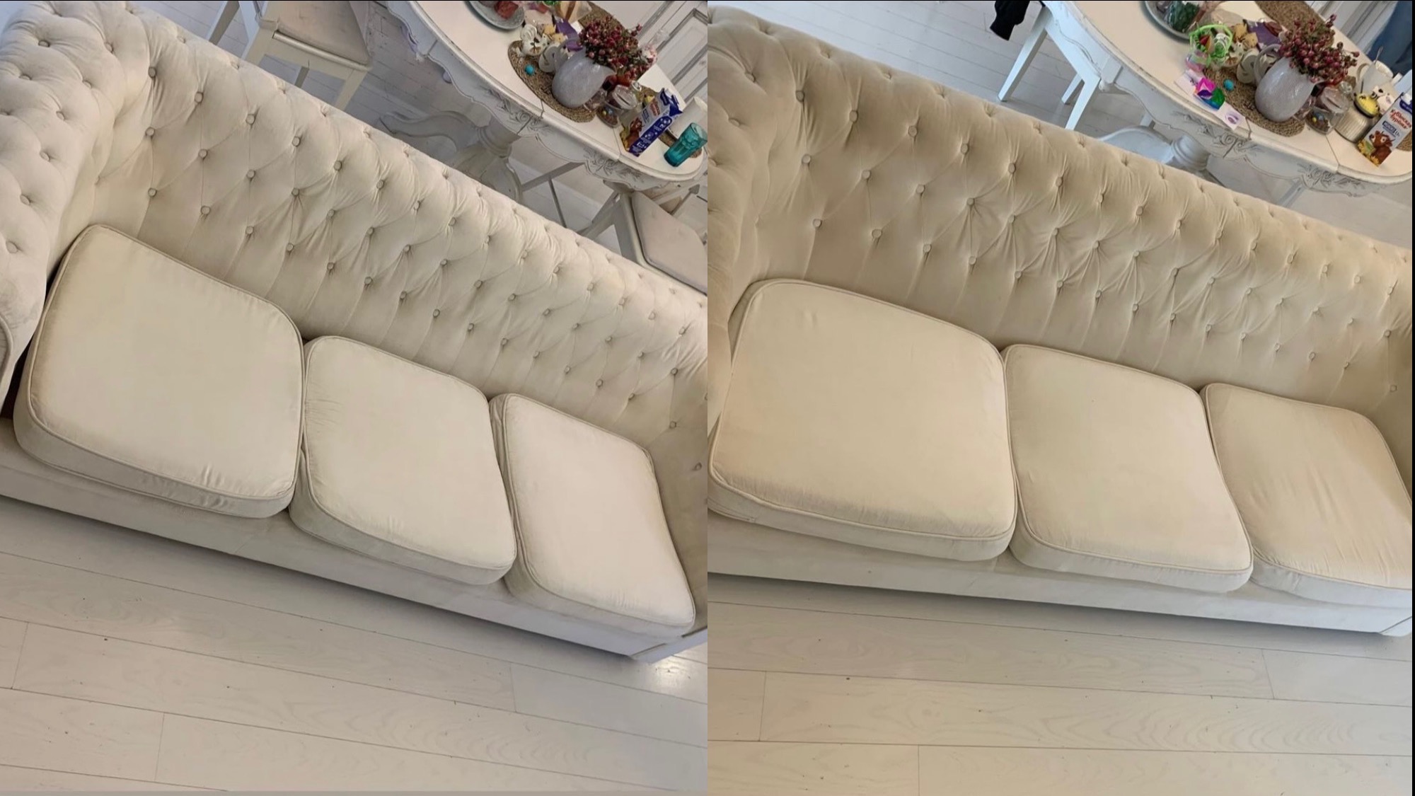 Porównanie stanu kremowej sofy Chesterfield przed i po czyszczeniu, widoczne różnice w czystości tapicerki i odświeżeniu koloru.