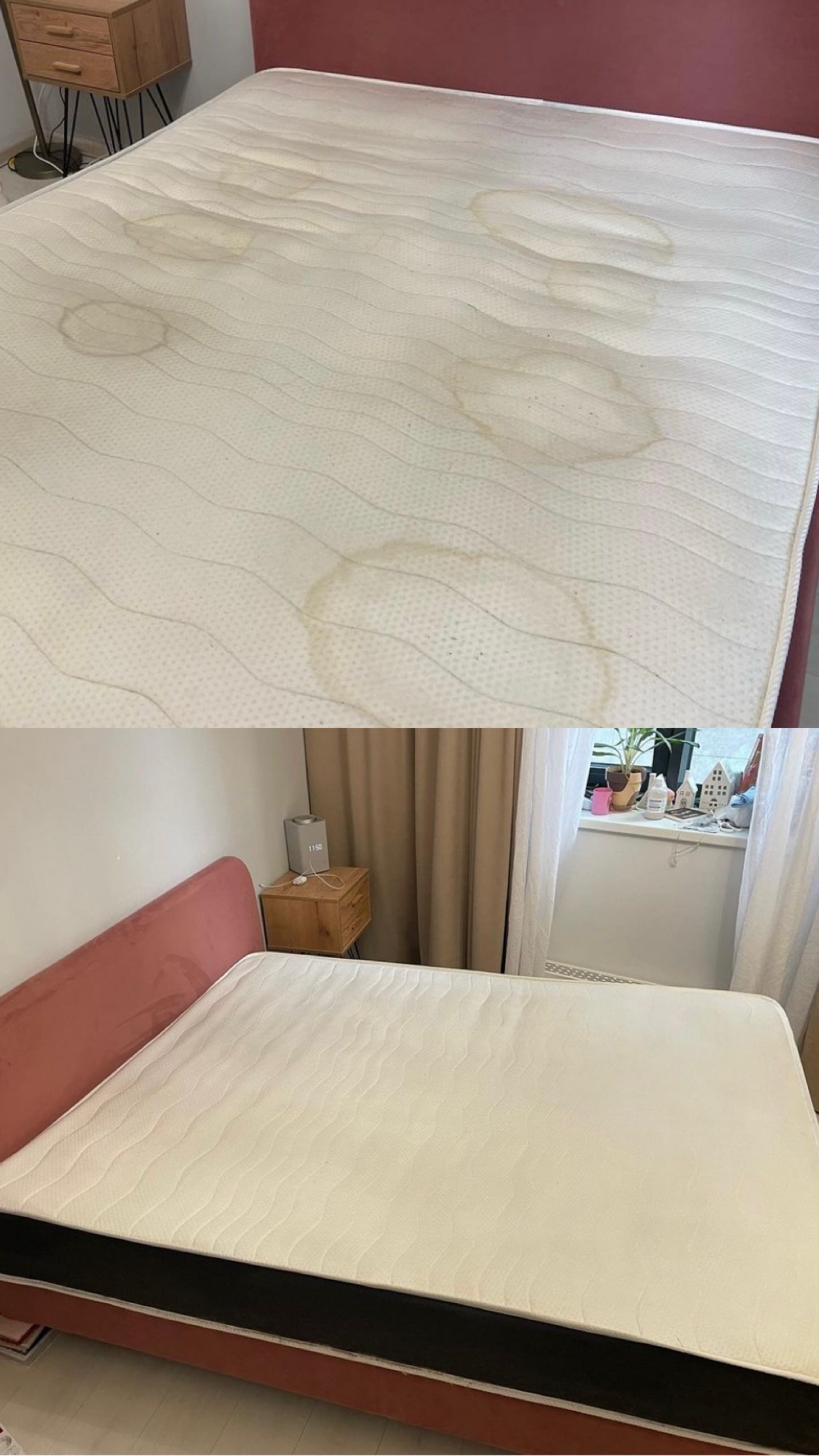 Porównanie: Materac z widocznymi plamami przed czyszczeniem (góra) i ten sam materac po czyszczeniu, bez plam (dół).