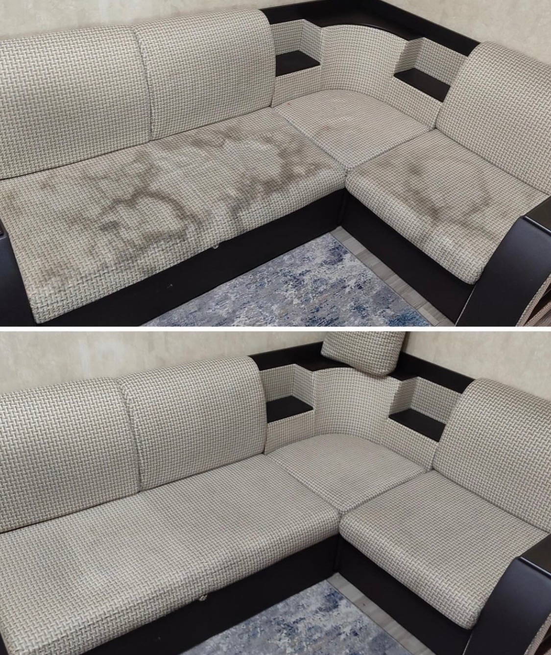 Porównanie narożnika tapicerowanego przed i po czyszczeniu: widoczne plamy usunięte z jasnej tkaniny z drobnym wzorem na siedzisku i oparciu.