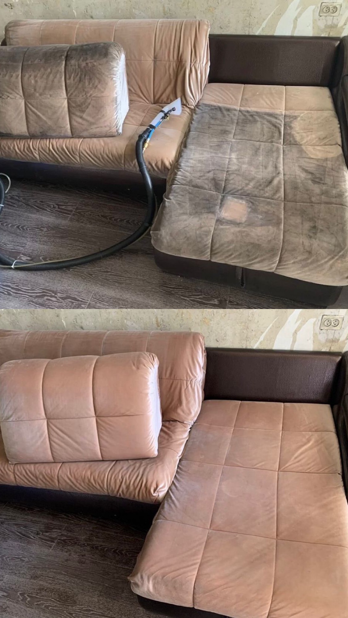 Porównanie: Sofa modułowa w odcieniach beżu i brązu, część przed czyszczeniem z widocznymi plamami, a część po czyszczeniu, ukazująca odświeżony kolor i brak zabrudzeń.