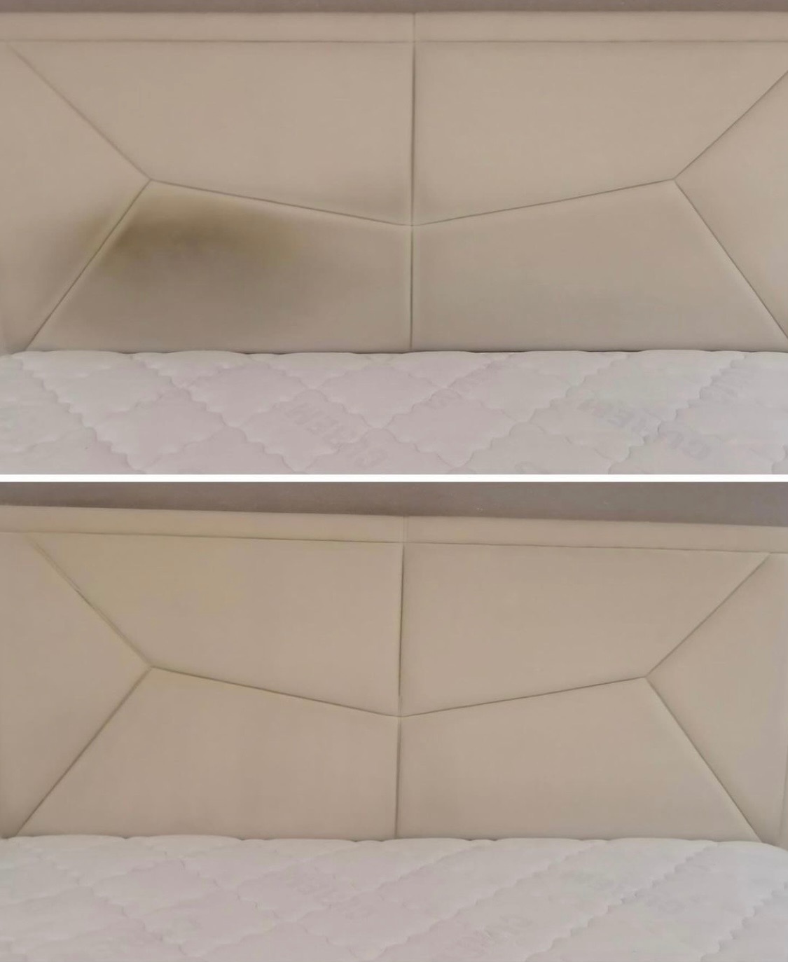 Materac z tapicerowanym zagłówkiem podzielonym na geometryczne panele, widoczne porównanie przed i po czyszczeniu, z plamą na górnym zdjęciu i czystym zagłówkiem na dolnym.
