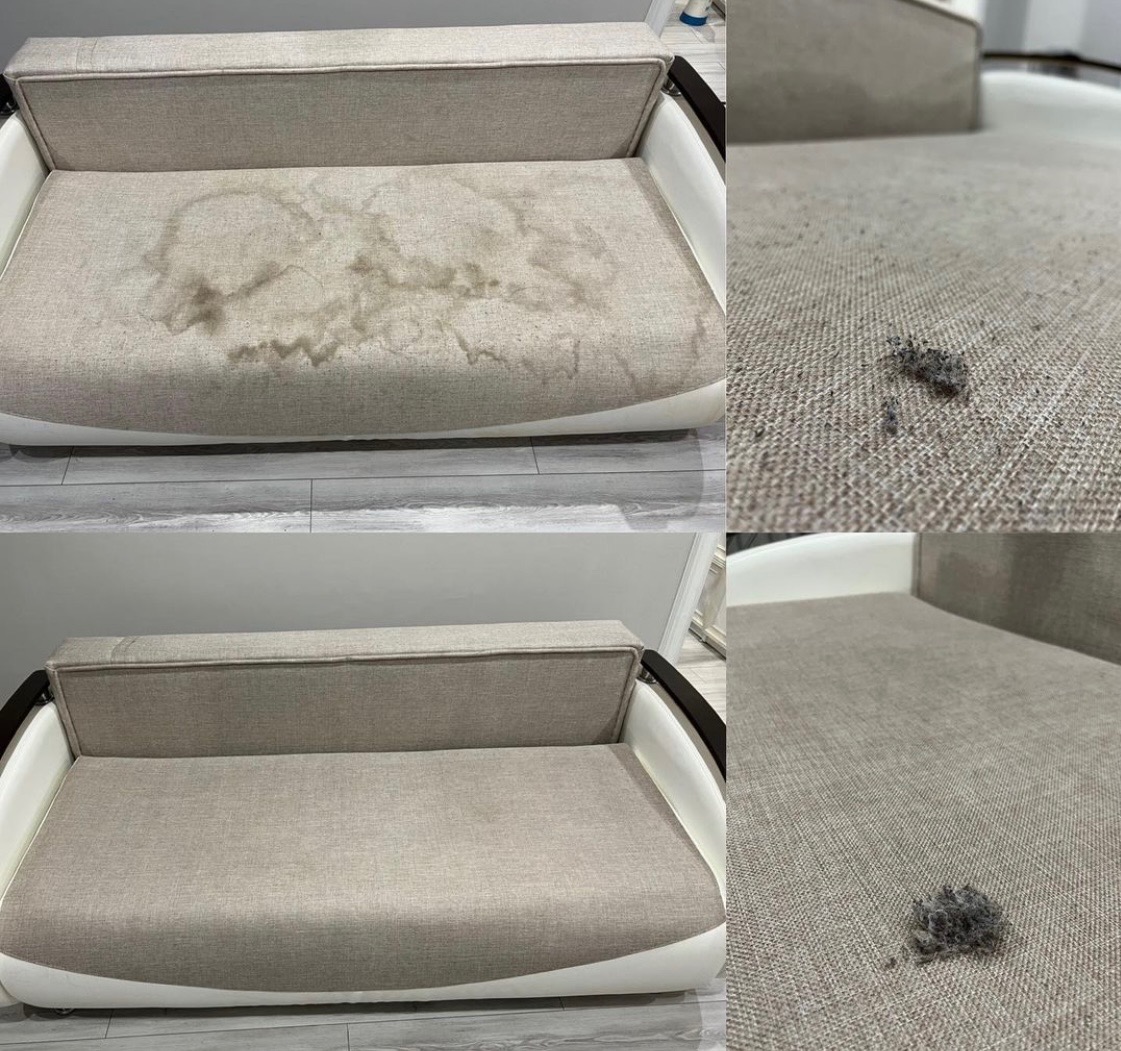 Beżowa kanapa z jasnymi bokami, widoczne plamy przed czyszczeniem i efekt po czyszczeniu, z bliska pokazane zebrane zanieczyszczenia.