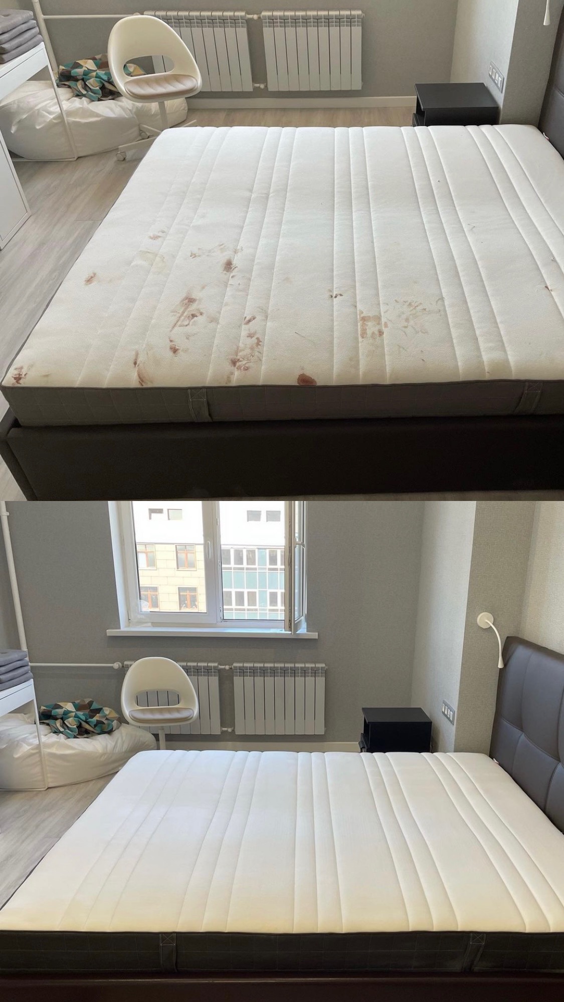 Porównanie materaca przed i po czyszczeniu, widoczne uporczywe plamy usunięte na białym poszyciu, w tle jasne wnętrze pokoju z grzejnikiem i oknem.