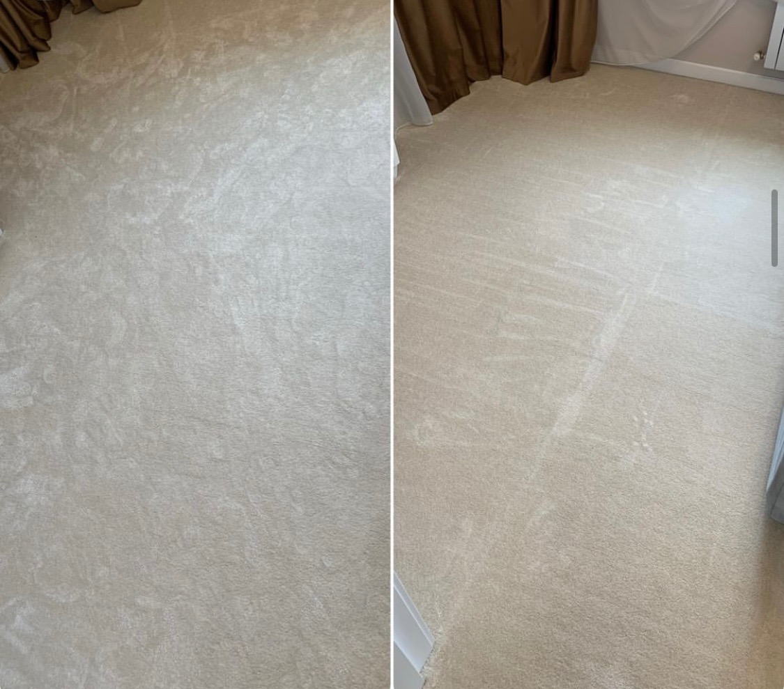Porównanie jasnobeżowego dywanu przed i po czyszczeniu, widoczna różnica w odświeżeniu włókien i usunięciu plam.