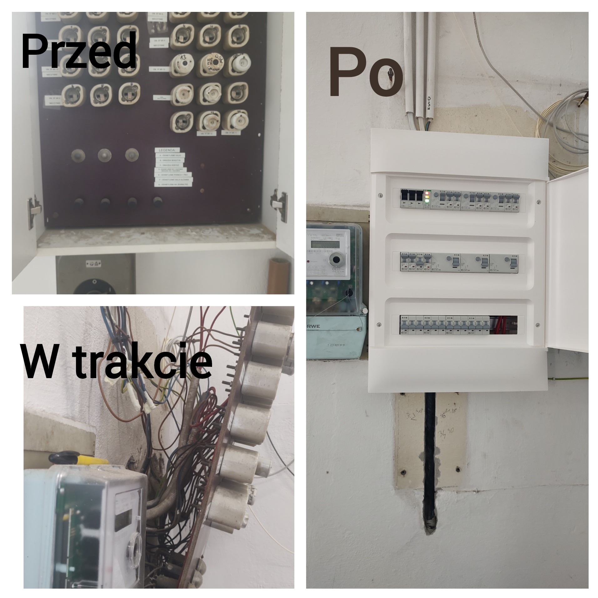 Porównanie stanu instalacji elektrycznej: stary panel bezpiecznikowy przed demontażem, etap prac z widocznymi przewodami oraz nowy, biały panel po instalacji, zamontowany obok licznika.