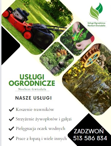 Grafika reklamowa usług ogrodniczych: kosiarka na trawie, przycinanie roślin, aranżacja skalniaka i oczko wodne. Zawiera logo firmy i numer telefonu.