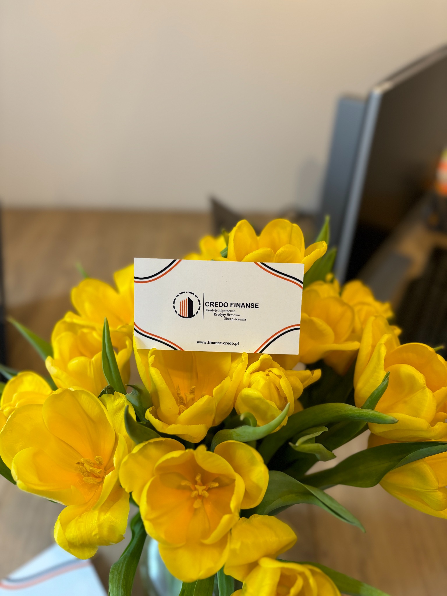 Wazon z bukietem żółtych tulipanów, na którym umieszczona jest wizytówka firmy finansowej 'CREDO FINANSE' z adresem strony internetowej i logo przedstawiającym budynek.