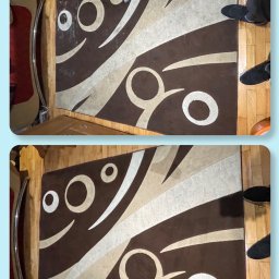 KFRESH, Karol Fryczka - Dwuczęściowe ujęcie dywanu w trakcie czyszczenia: górna połowa pokazuje fragment w trakcie czyszczenia z użyciem ssawki, dolna połowa pokazuje obszar przed czyszczeniem, ukazując różnicę w wyglądzie.