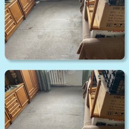 KFRESH, Karol Fryczka - Kolaż: dywan przed i po czyszczeniu, z widocznymi plamami przed i odświeżoną powierzchnią po. Część mebli i kartonów widoczna w tle.