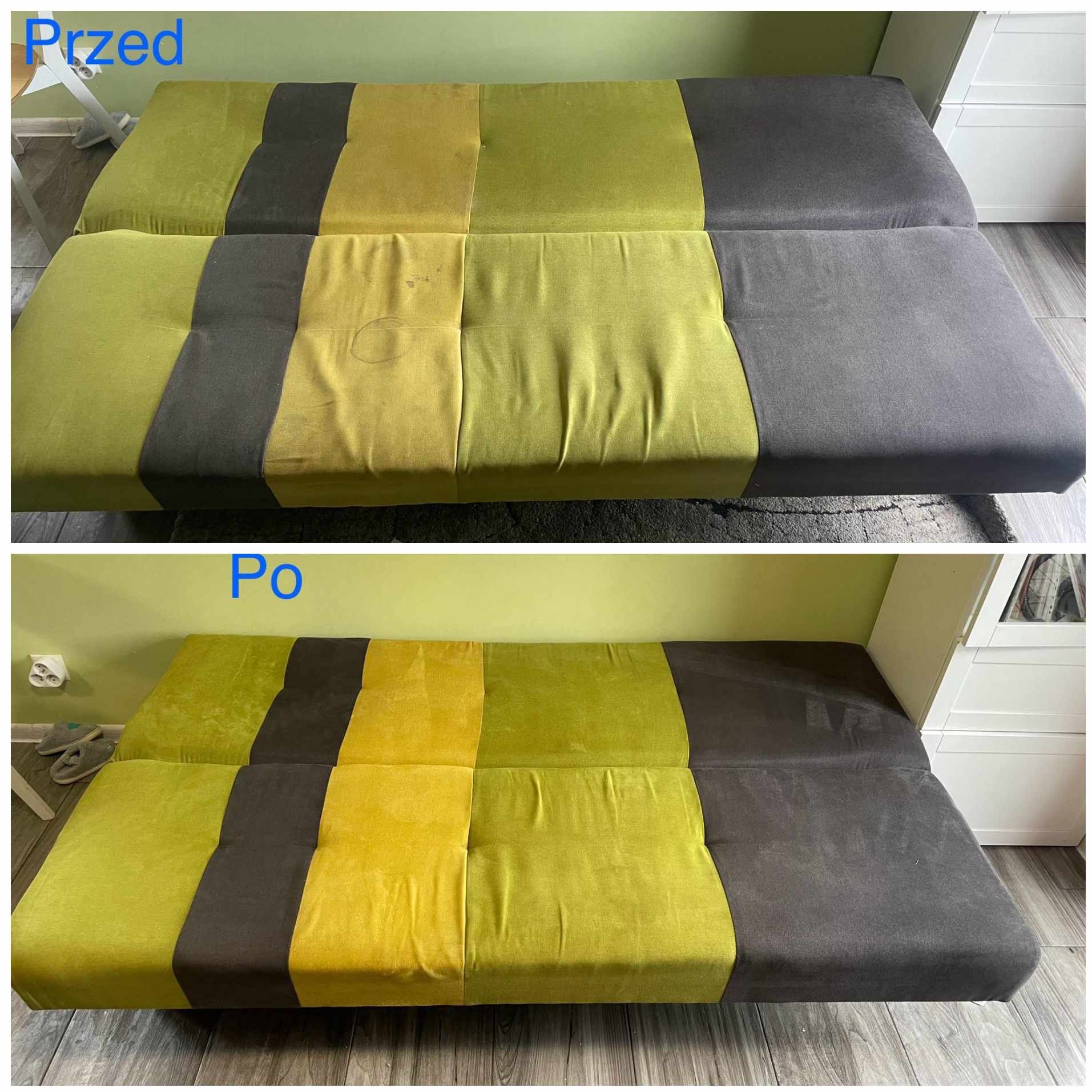 Kanapa w odcieniach zieleni, żółci i szarości, ujęcie typu 'przed i po' z widocznymi plamami na górnym zdjęciu i odświeżonym wyglądem na dolnym