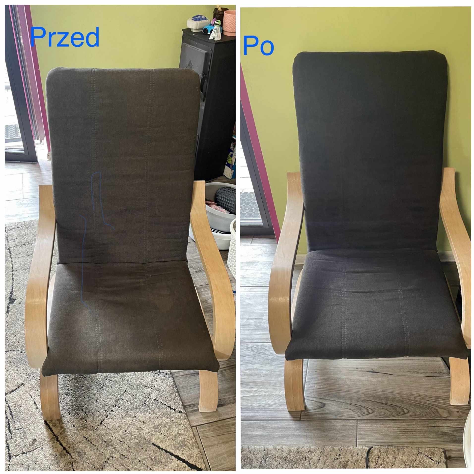 Krzesło tapicerowane z jasnymi drewnianymi podłokietnikami, widok z przodu, po lewej stronie widoczne zabrudzenia przed czyszczeniem, po prawej stronie efekt po czyszczeniu.