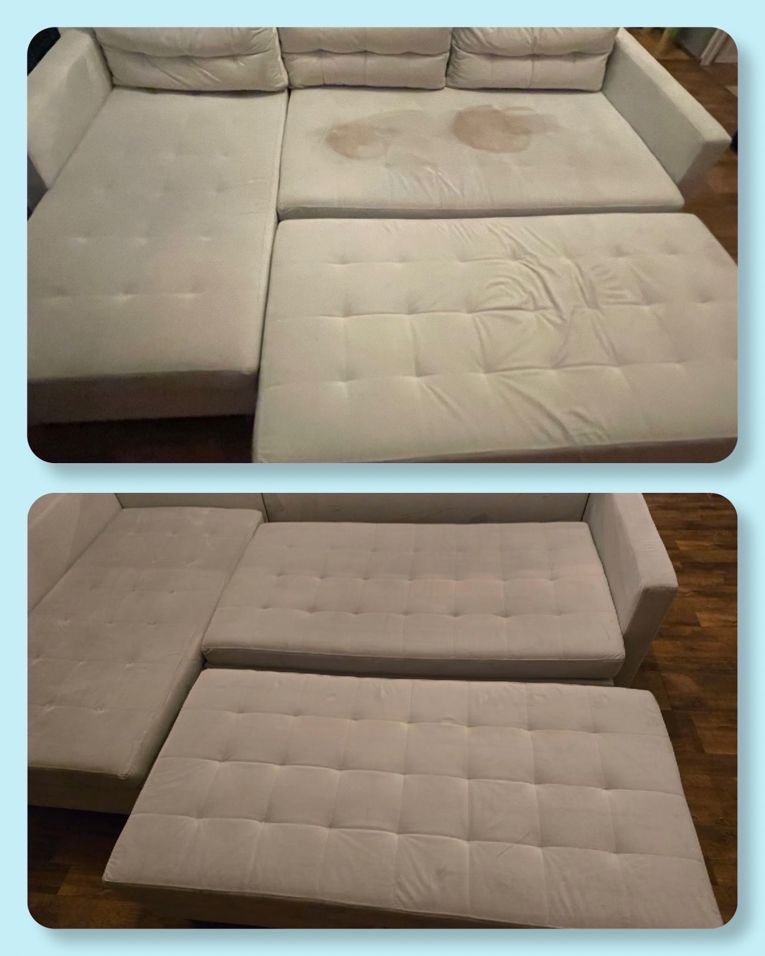 Dwa ujęcia jasnej, modułowej kanapy: górne przed czyszczeniem z widocznymi plamami na siedzisku, dolne po czyszczeniu, ukazujące odświeżony wygląd materiału.