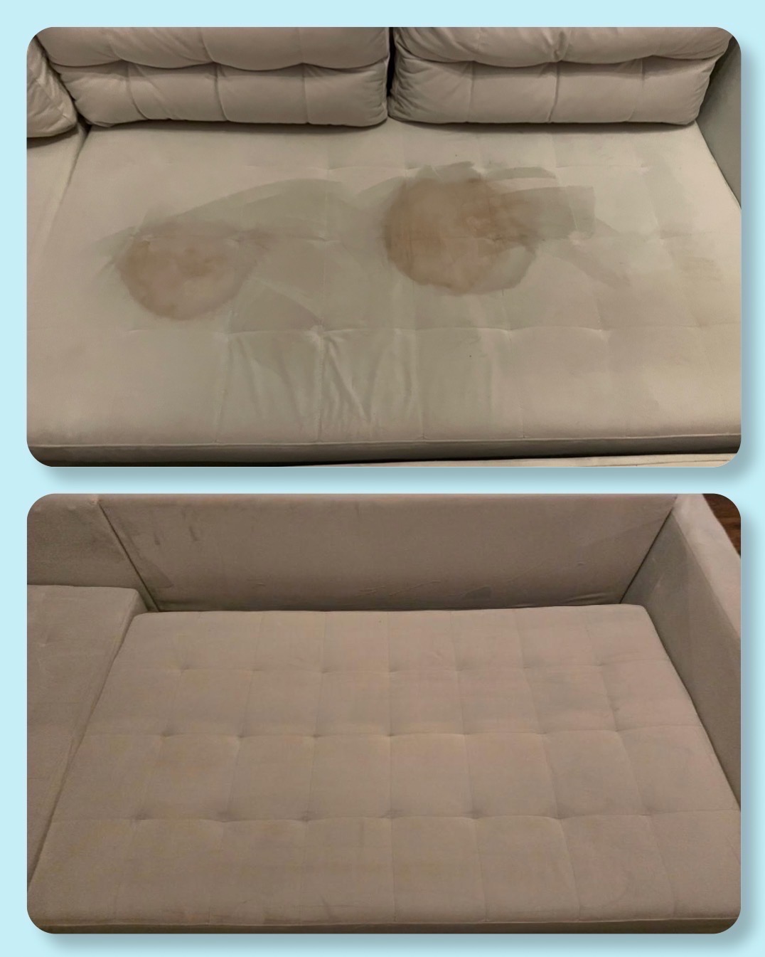 Dwuetapowe ujęcie: beżowa kanapa z wyraźnymi, ciemnymi plamami przed czyszczeniem i ta sama kanapa po czyszczeniu, z widocznym efektem odświeżenia i usunięcia zabrudzeń.