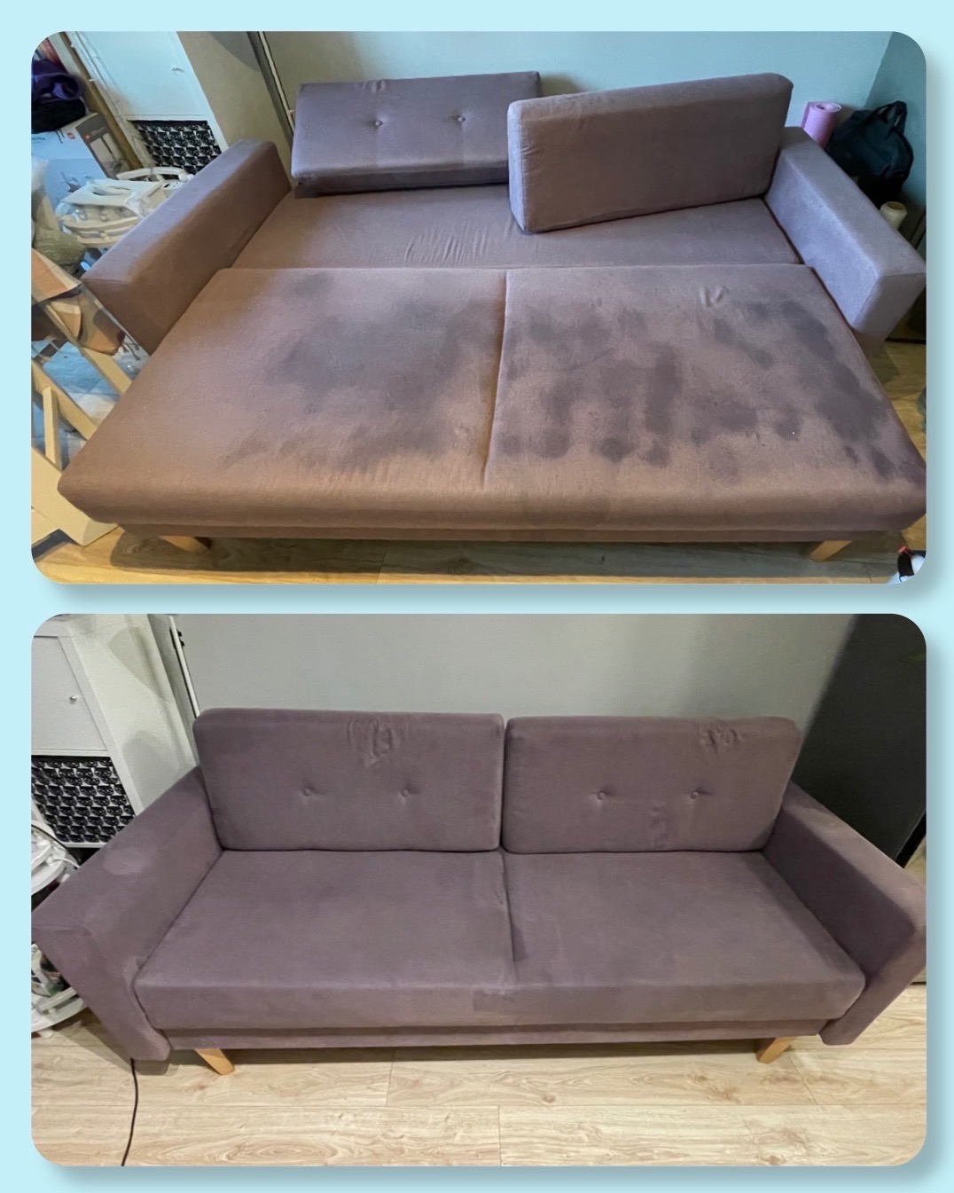 Dwa ujęcia tej samej rozkładanej, fioletowej kanapy w Łodzi: u góry przed czyszczeniem z widocznymi plamami, u dołu po czyszczeniu, prezentująca efekt usługi.