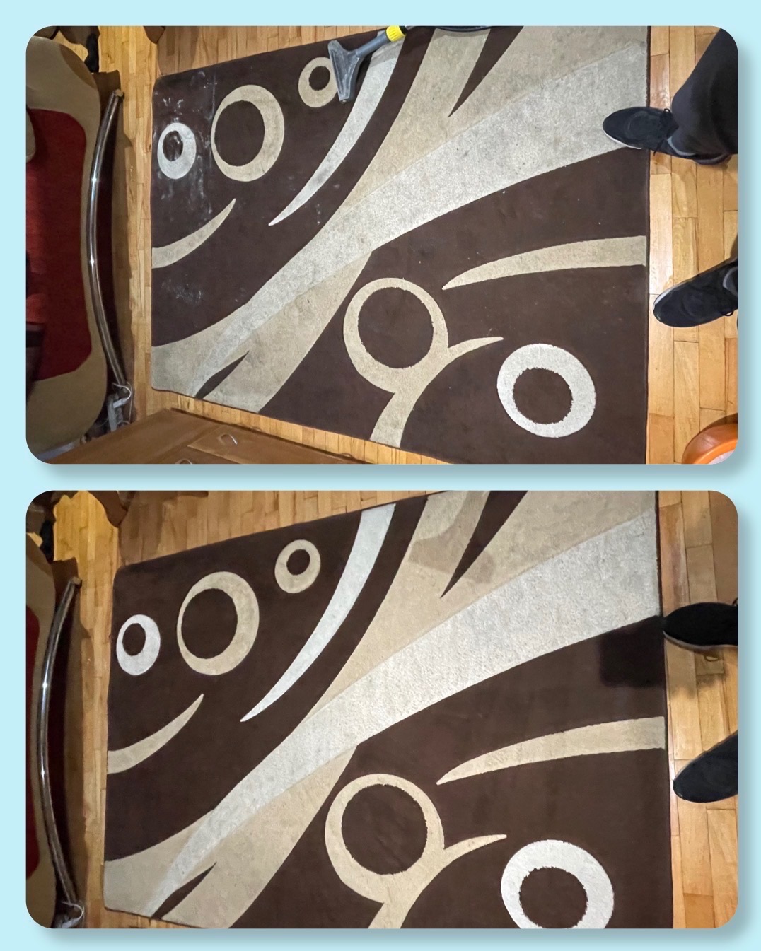 Dwuczęściowe ujęcie dywanu w trakcie czyszczenia: górna połowa pokazuje fragment w trakcie czyszczenia z użyciem ssawki, dolna połowa pokazuje obszar przed czyszczeniem, ukazując różnicę w wyglądzie.