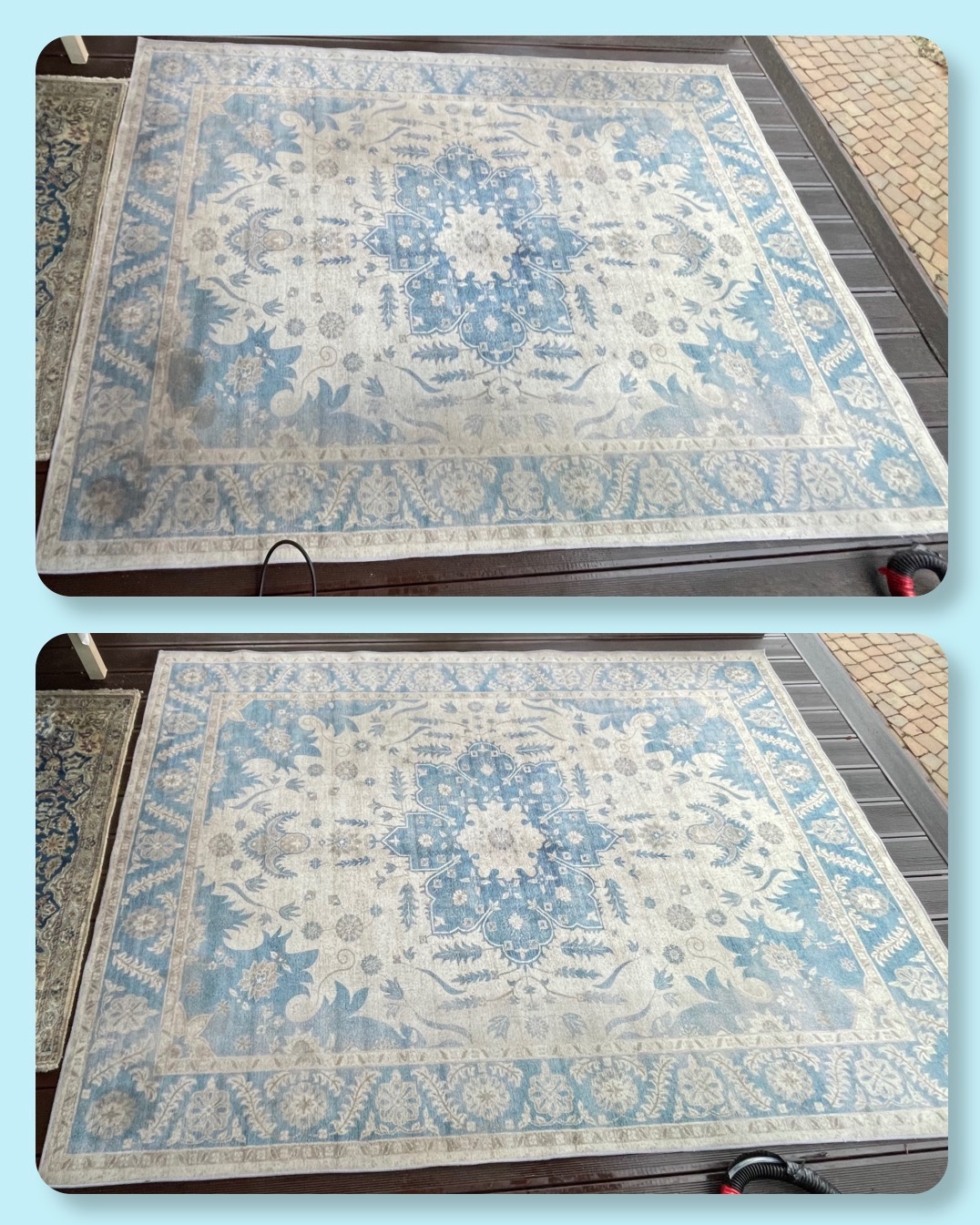 Dwa ujęcia tego samego, jasnego dywanu z niebieskim wzorem przed i po czyszczeniu, leżącego na drewnianym tarasie. Widoczne różnice w odcieniach i usunięte zabrudzenia.