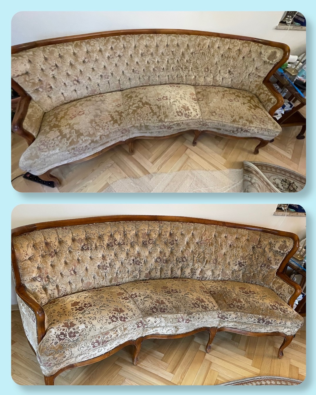 Antyczna kanapa w stylu Ludwika, widok przed i po czyszczeniu tapicerki, z widoczną różnicą w odświeżeniu wzoru i koloru.