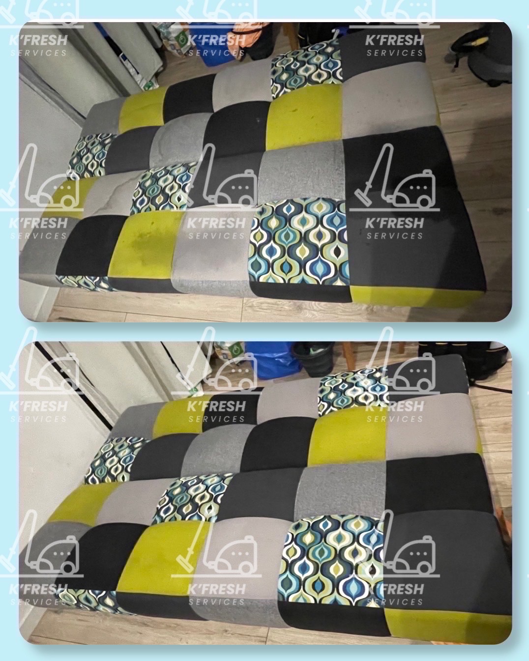 Dwa ujęcia patchworkowej kanapy z widocznymi plamami na zielonych fragmentach, z naniesionymi logotypami firmy sprzątającej.