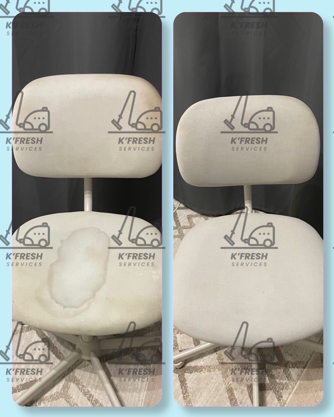 Białe krzesło biurowe tapicerowane, widok przed i po czyszczeniu, plama widoczna na lewej stronie, prawa strona prezentuje efekt po usunięciu zabrudzenia.