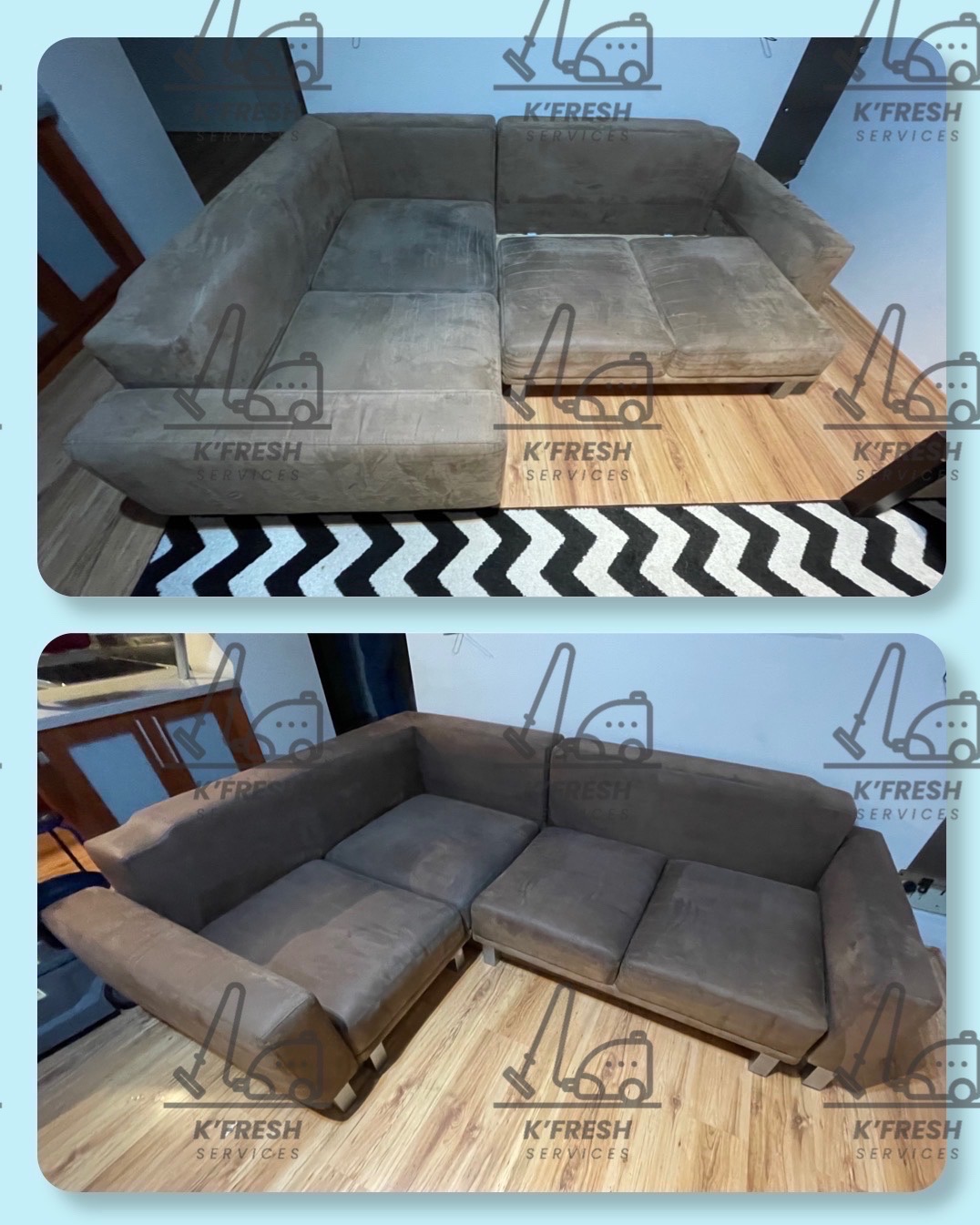 Dwu-ujęciowe porównanie narożnika: widoczna różnica w czystości tapicerki przed i po zabiegu, z lewej strony narożnik jest wyraźnie bardziej zabrudzony.