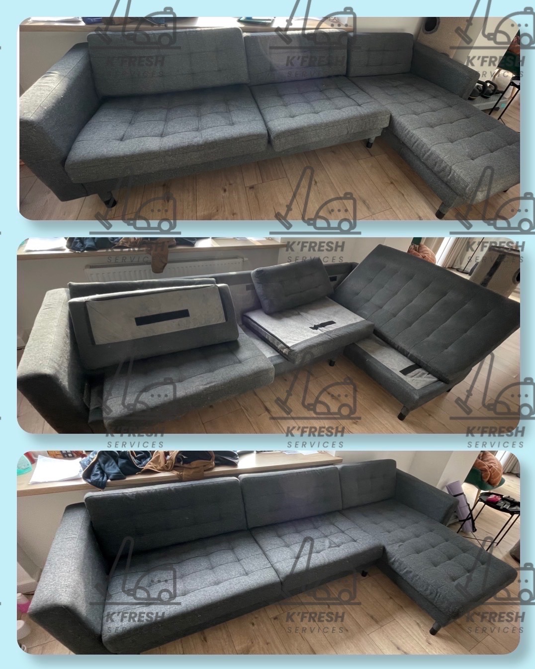 Trzy ujęcia szarej, modułowej kanapy narożnej: złożona na drewnianej podłodze, rozłożona z widocznymi elementami konstrukcyjnymi oraz w innym ustawieniu w pomieszczeniu z oknem.